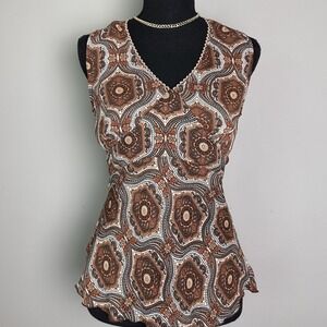 Vintage‎ A Byer Shirt Women Medium Brown Geometric Babydoll Boho Sheer USA 90s